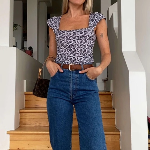 Nation LTD Tops - Nation LTD Women’s Eve Tee Shirt Square Neck Floral Flutter Sleeve 100% Cotton L